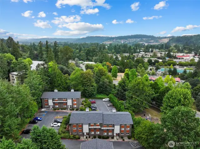 Aerial view (Front of building, park to the right)
