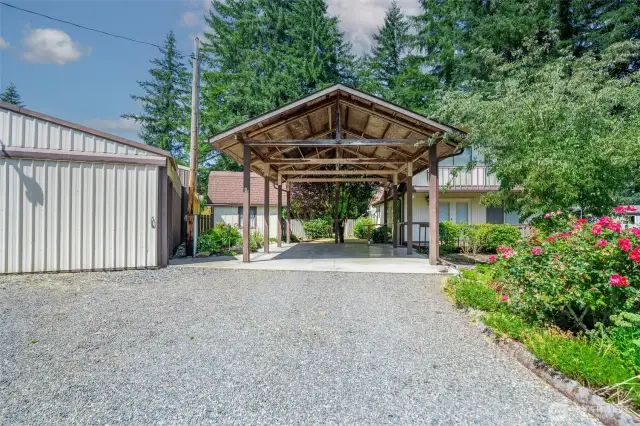 Covered parking adjacent to home