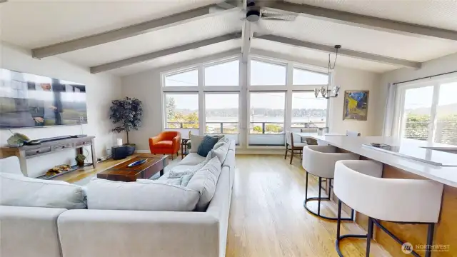Bright and open great room focused around the Puget Sound and Mt Rainier views.