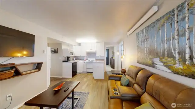 Lower level living area and kitchen.