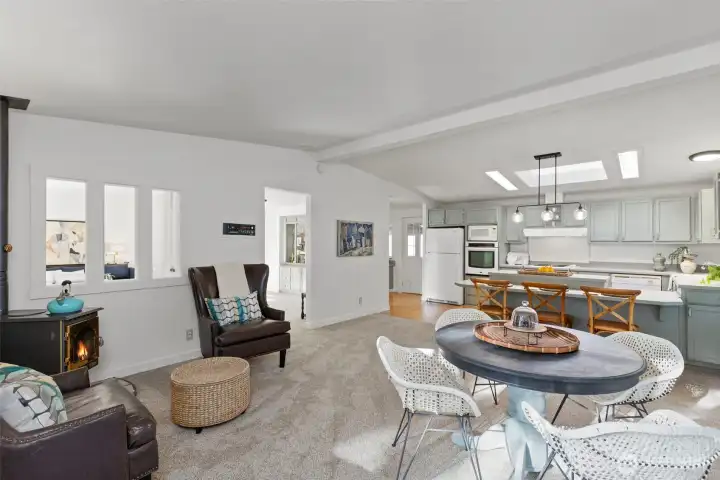 Electric forced air furnace works in concert with a toasty pellet stove to keep things toasty in cooler months.