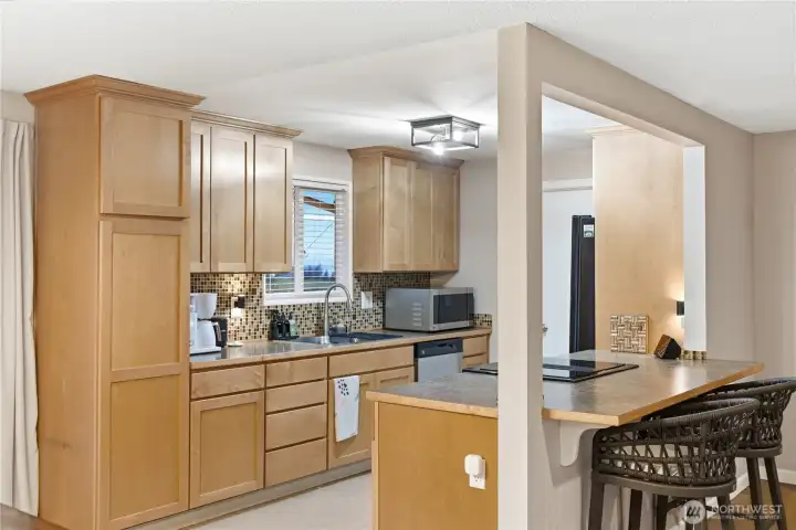 kitchen  with lots of storage eat at bar