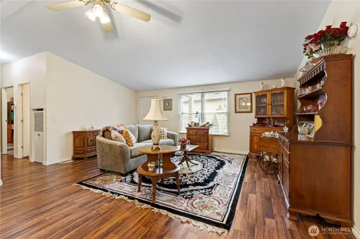 Large living room with ceiling fan