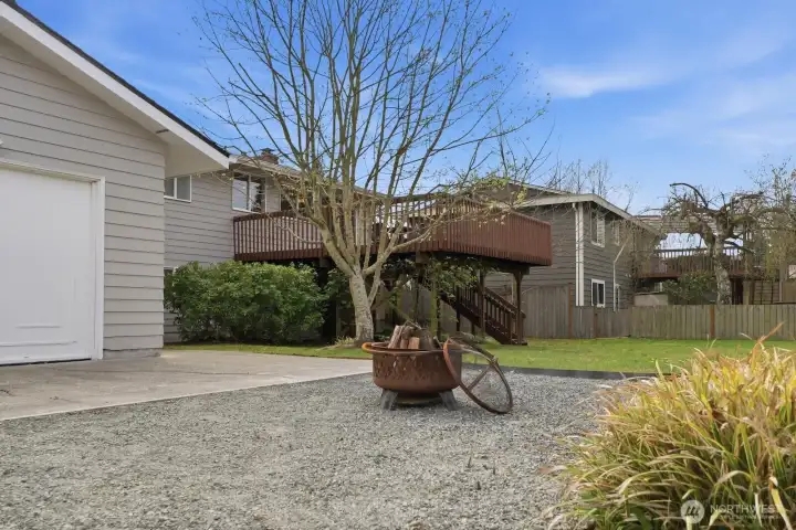 Backyard showing the rear garage door.