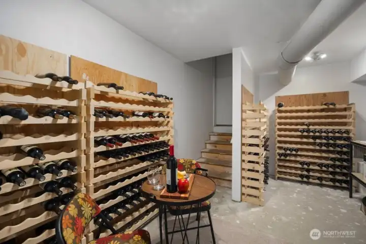 A fun garage surprise: wine cellar storage plus easy crawlspace access