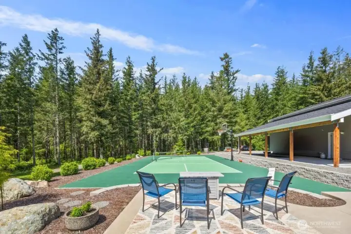 2,200 sq ft sport court for pickleball, basketball and fun right next to the shop w/restroom