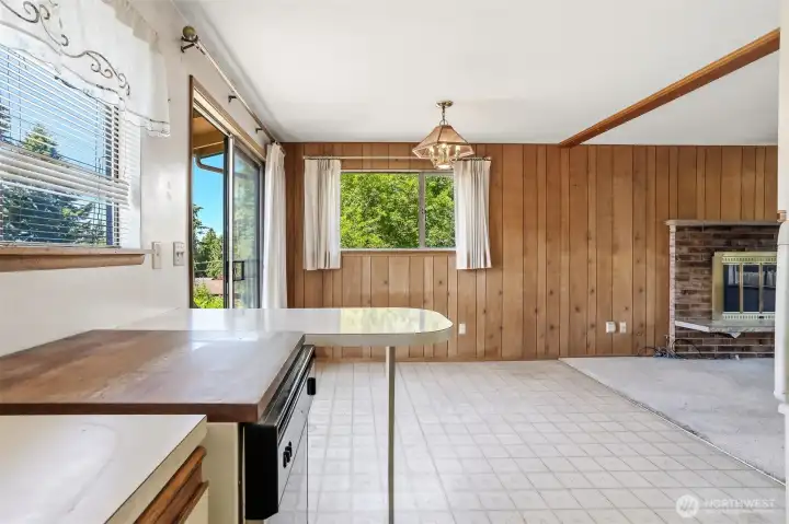 Looking from the kitchen to the dining area.