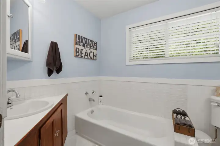 Here is a view of the upstairs bathroom. Here is a view of the upstairs bathroom.