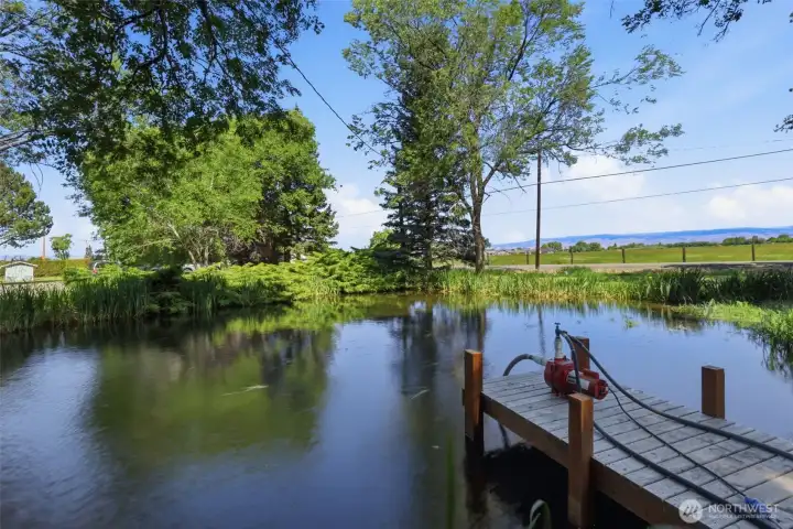 A view of the pond located at the front of the property with a nice dock included. A view of the pond located at the front of the property with a nice dock included.