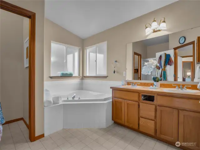 The five piece primary bathroom offers plenty of counter space and double sinks.