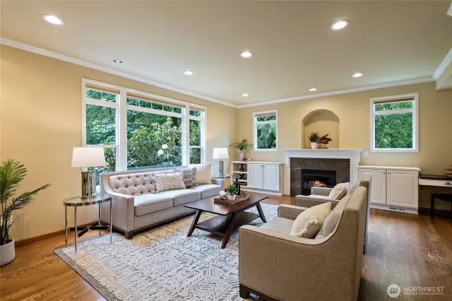 Stunning family room with hardwood floors and gas fireplace!