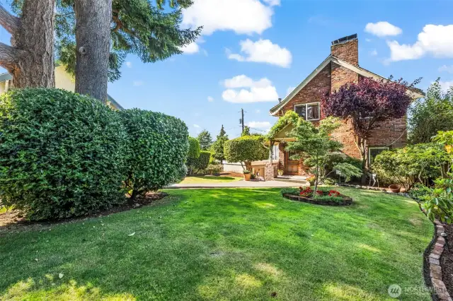 Fully fenced front yard includes native shrubs and flowers.