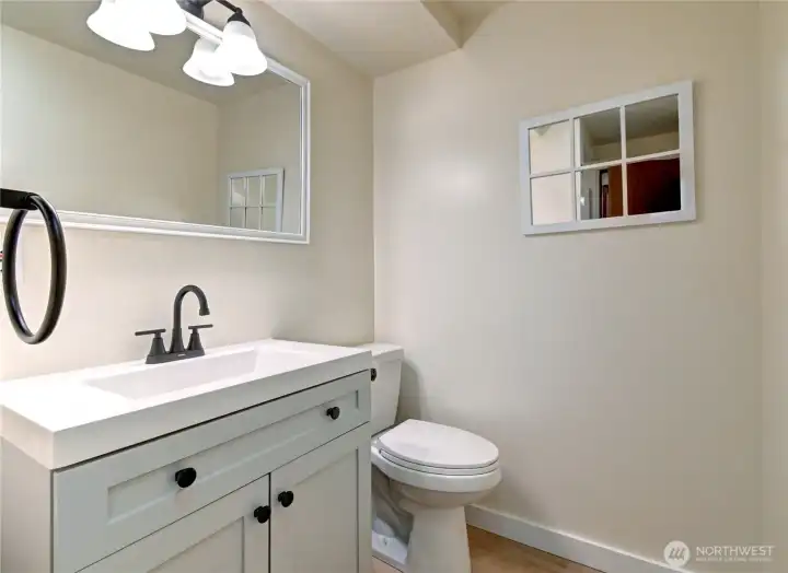 Lower-level bath w/ new vanity, sink, faucet, toilet, paint, millwork, lighting, flooring.