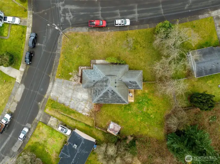 Arial drone shot of the large corner lot.
