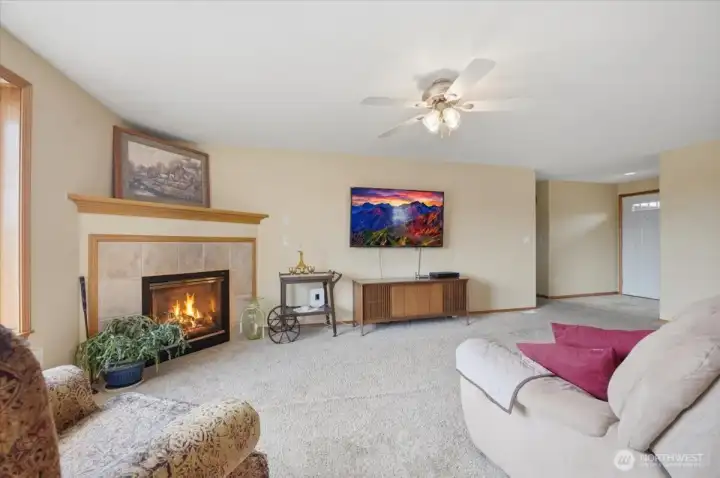 Cozy gas fireplace in living room.