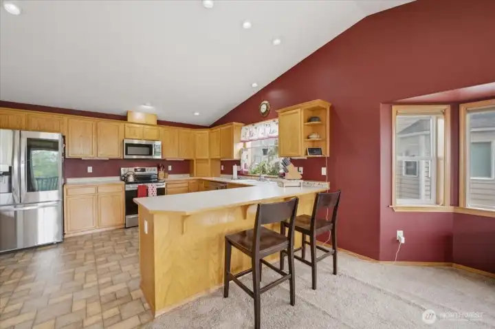 Large counterspace with seating.