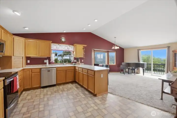 Natural light filled kitchen and dining room.