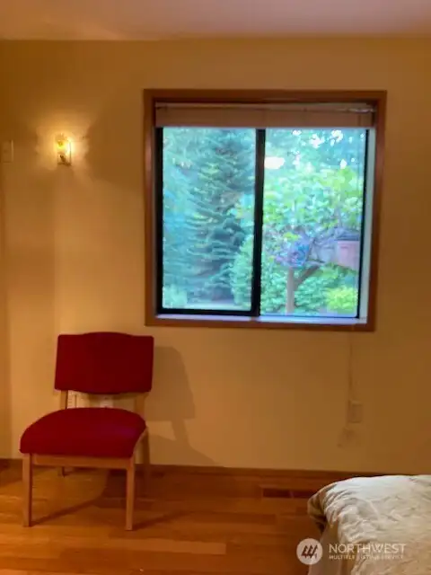 View of the kiwi vine covered seating area.