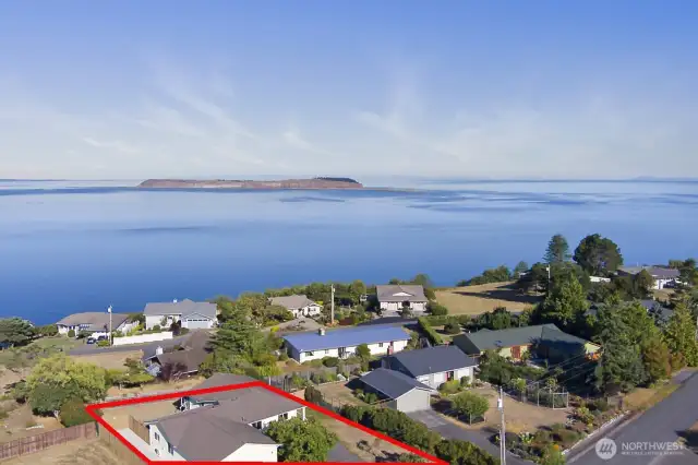 An aerial view of the property looking north, again outlined in red