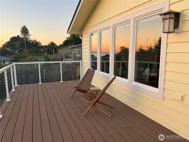 the deck off of the great room at sunset, and...