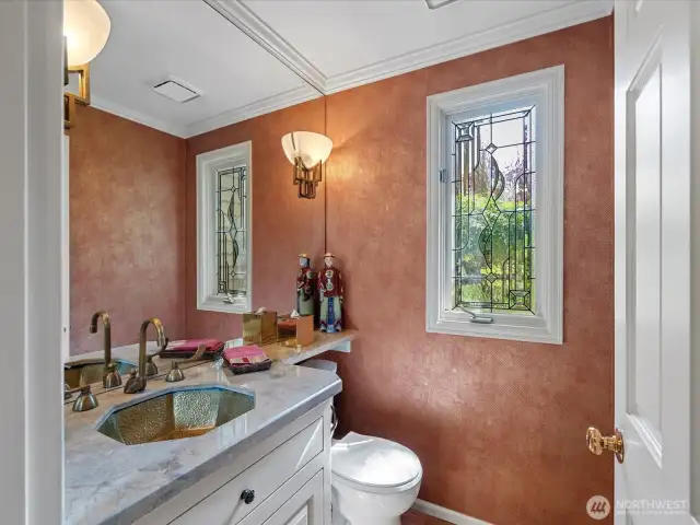 Main Floor Powder Room  With Leaded Glass Window and Copper Sink