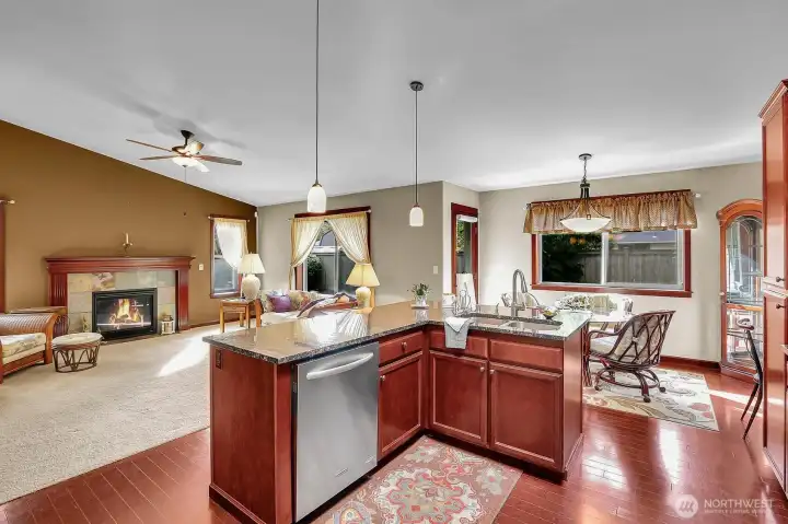 View from the kitchen, kitchen eating space and great room.