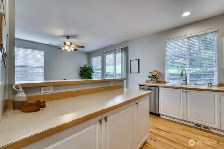 Another full view of counter space with large pantry storage on the left and bottom cabinets.