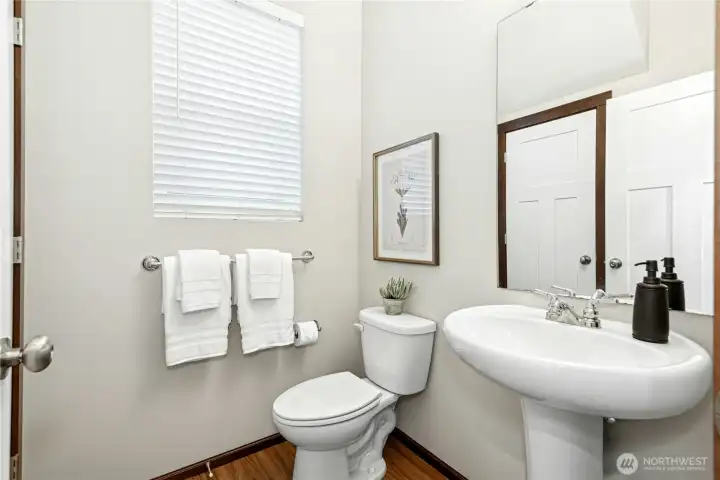 Main floor powder room with understairs storage.