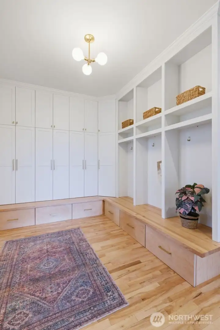 Cubbies, coat hooks and a place to sit.