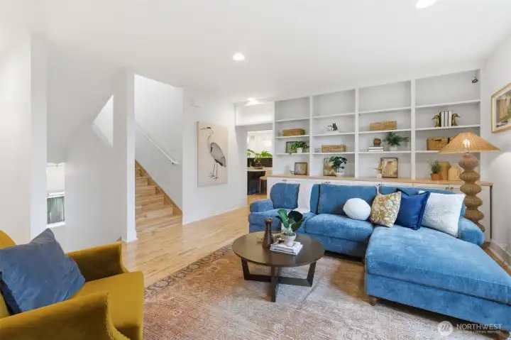 There is a bathroom on this floor and a large extra closet to the left of the stairs.