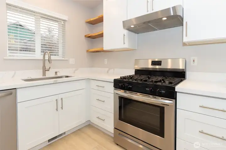 Hand crafted open shelving in the kitchen