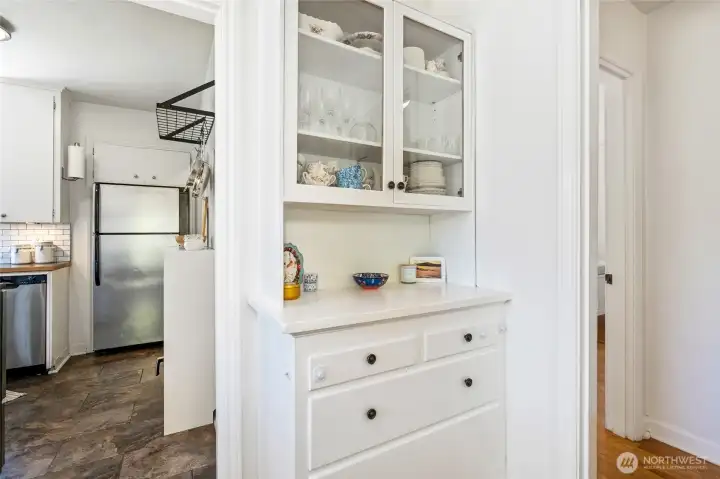 Close up of the sweet original built-in shelves and drawers.
