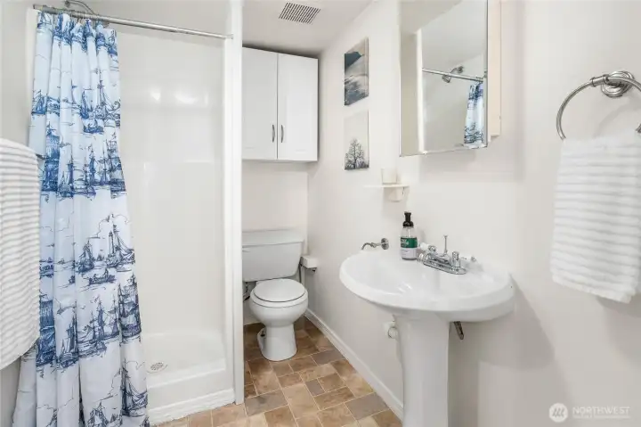 Light and bright lower level 3/4 bath.