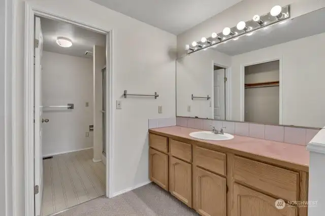 Primary bathroom with separate shower and commode room.