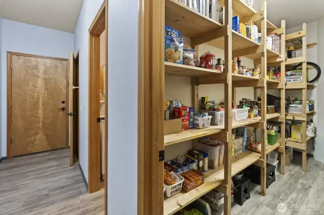 A generous walk in pantry with sturdy built in shelving