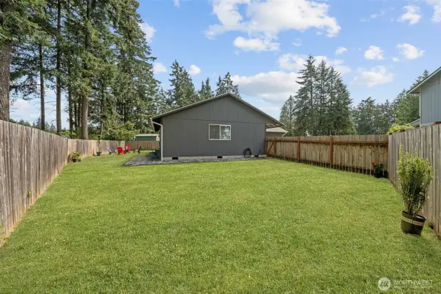 Grass was photo enhanced. Photo of the back left of the yard and home.