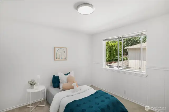 The second bedroom is also on the upper level and has a large two-door closet.