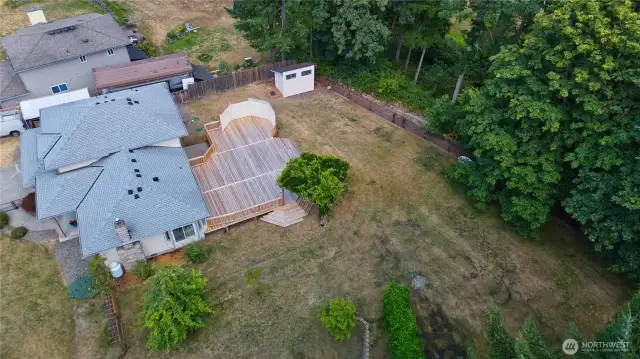 Another aerial view of the property, including the tool/garden shed.