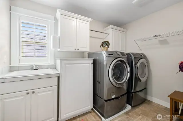 Laundry room on Upper Level, with pedestal bases, drip pan and utility sink