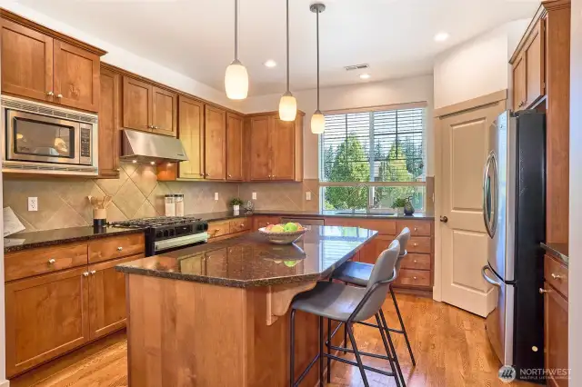 Large kitchen with views of the park through the oversized window