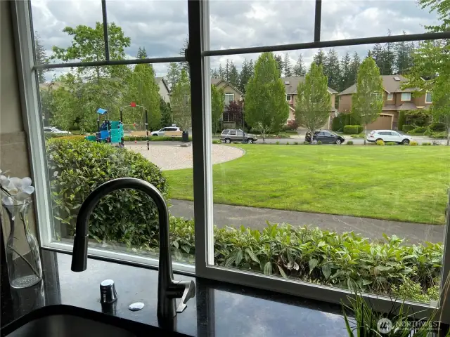 Even the kitchen window offers a view of the park out front