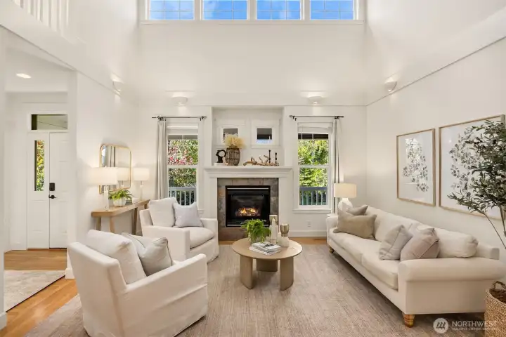 Grand, two-story living room with clerestory window.