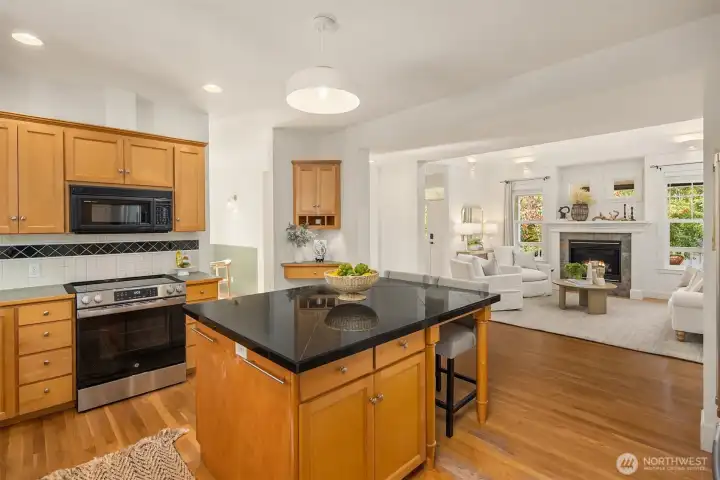 The interconnectedness between the living room, kitchen and dining room  is great for entertaining.