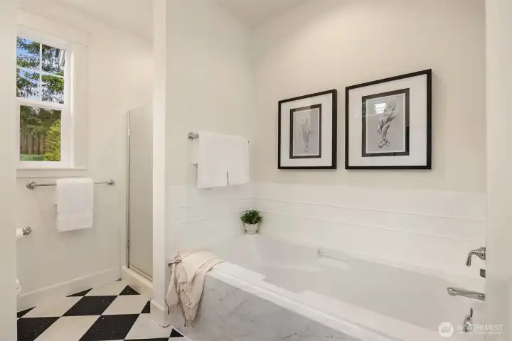 The primary soaking tub and shower.