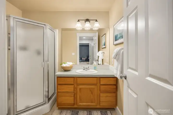 The 3/4 bathroom serves the family room, making the entire space perfect for guests.