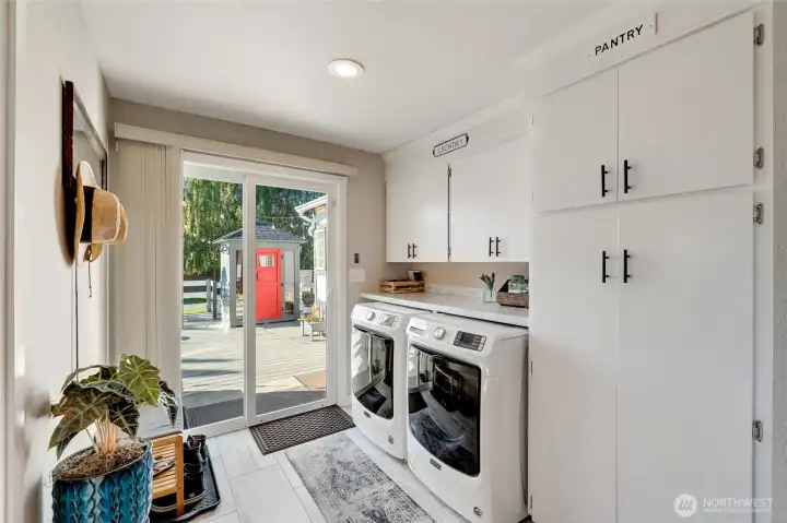 Main floor utility room leading out to back deck.