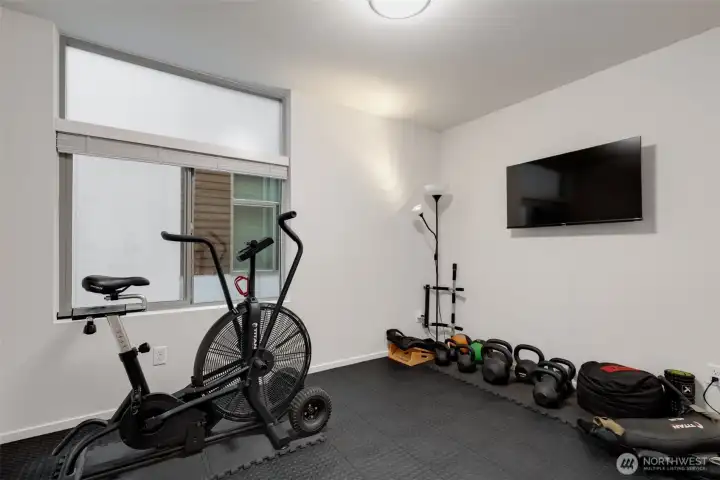 The 3rd bedroom is being used as a gym. Large enough for a great workoutspace or a good sized 3rd bedroom.