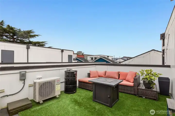 Upstairs to the rooftop deck. Room to barbeque and chill out.