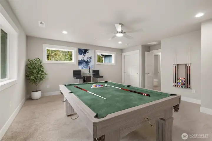 Multi-functional Rec Room upstairs, upgraded carpet and pad.