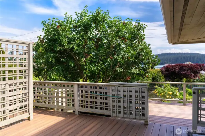 Large private deck with lush greenery and peaceful water views. Large private deck with lush greenery and peaceful water views.